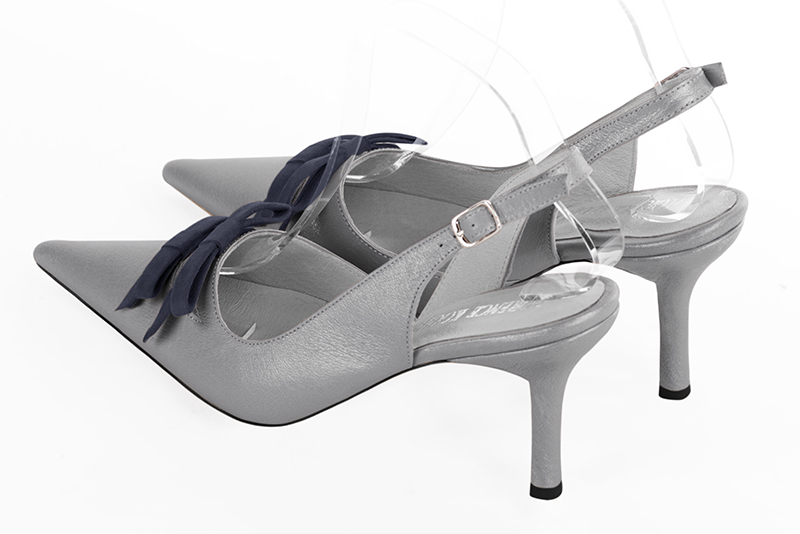 Mouse grey and navy blue women's open back shoes, with a knot. Pointed toe. High slim heel. Rear view - Florence KOOIJMAN